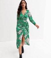 New Look Green Tile Print Long Sleeve Midi Wrap Dress